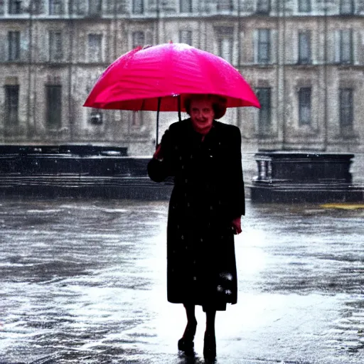 Image similar to margaret thatcher in rain rain rain drenched moist, hyper realistic cinematic color still volumetric lighting london background