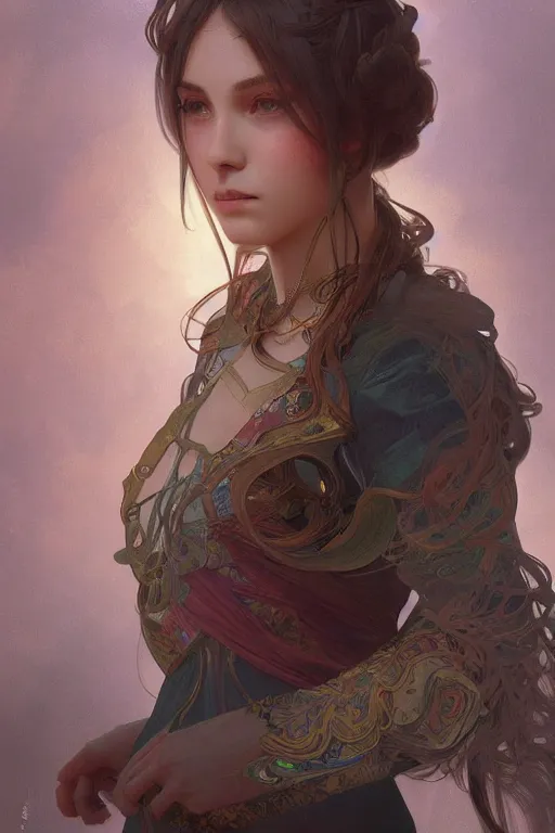 Image similar to intricate, final fantsy, mysterious, digital painting, portrait, cinematic lighting, highly detailed, concept art, illustration, smooth, sharp focus, editor's pickup, trending on artstation, trending on deviantart, alphonse mucha, WLOP