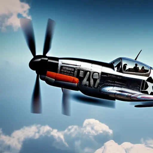 Image similar to P-51 Mustang flying in the clouds, chrome and invasion stripes, close-up, intricate details, intricate textures, warm lighting, vivid colors, realistic octane render, hyper realistic render, volumetric shading, depth of field, raytracing, 8k,