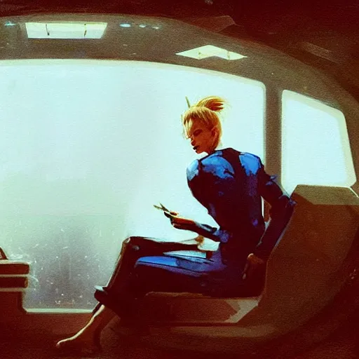 Image similar to concept art by greg rutkowski, a very tall, and slender blonde woman, wearing blue utilitarian jumpsuit, sitting in the spaceship command bridge, brutalist futuristic interior, dark lighting atmosphere, detailed portraits, nostalgic atmosphere, scifi, digital painting, artstation, concept art, smooth, sharp foccus ilustration, artstation hq