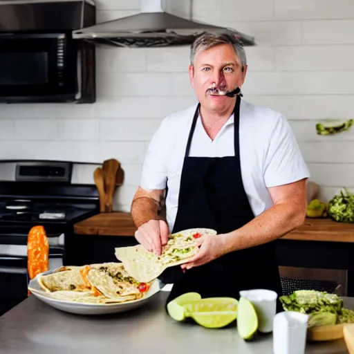 Image similar to middle aged white man making tacos in a big kitchen