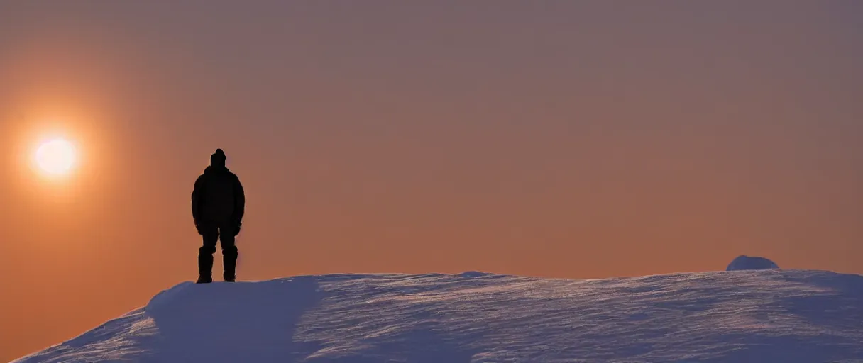 Image similar to a high quality color extreme closeup depth of field creepy hd 4 k film 3 5 mm photograph of the faint barely visible silhouette of a bulky man standing on the edge of a vista overlooking mcmurdoch station in antarctica at the beginning of sunset