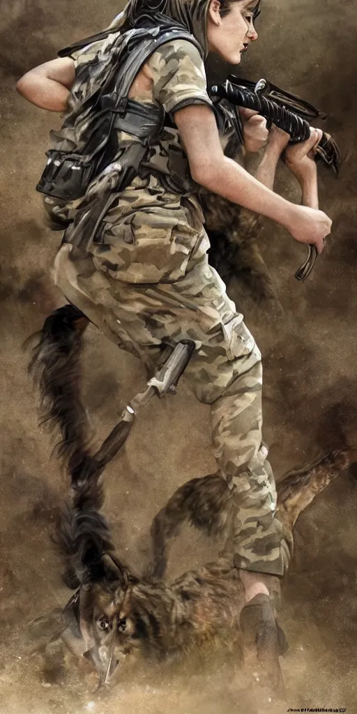 Image similar to A female peshmerga turning into a warewolf, by Sam Weber