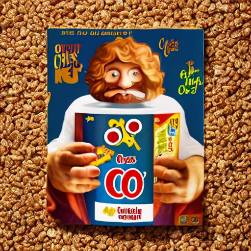 Image similar to cereal box for a cereal called christ - o's, jesus, crosses, cereal, product photograph