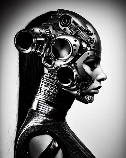 Prompt: a profile portrait, a stunning young woman - cyborg with a mutant crow head, editorial photography, bw, shot on 7 0 mm, depth of field, f / 2. 8, high contrast, 1 6 k, volumetric lighting, shiny, insanely detailed and intricate, hypermaximalist, elegant, ornate, hyper realistic, super detailed