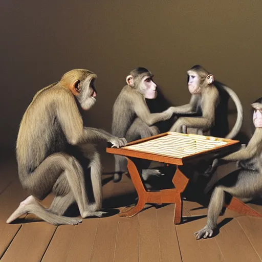 Prompt: A beautiful performance art of a group of monkeys playing backgammon. The monkeys are seated around a table, with some of them appearing to be deep in concentration while others appear to be playing more casually. octane 3d, chestnut by George Tice, by Jamie McKelvie mild, calm