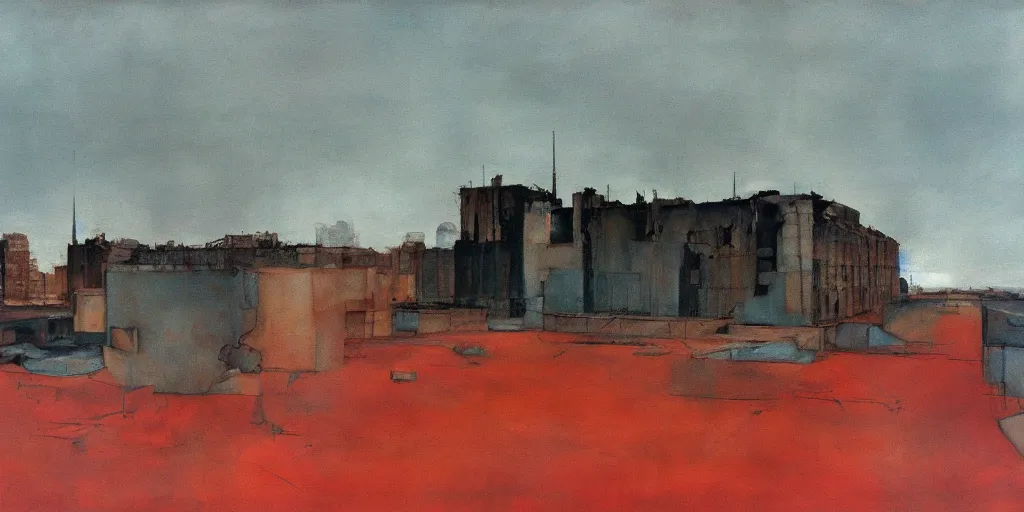 Prompt: a painting of melancholic post-apocalyptic Moscow, ruins, bunkers, Kremlin, destroyed by nuclear bomb, mutants roaming in the sunrise , atmosphere of silent hill, Todd Hido, painting by Diebenkorn, colors by Mark Rothko, melting oil