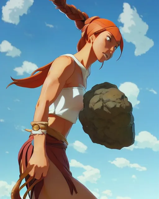 Image similar to ginger tanned woman in a prehistoric outfit, by artgerm, hair tied in a ponytail, white background, by studio muti, greg rutkowski makoto shinkai takashi takeuchi studio ghibli