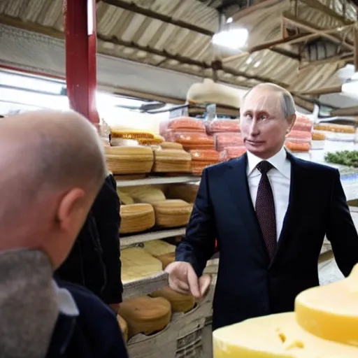 Image similar to close up of vladimir putin visiting a cheese market