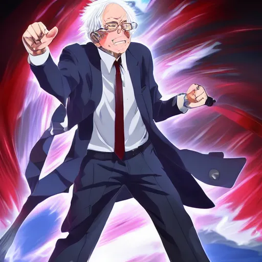 Prompt: bernie sanders as a shonen protagonist, anime style, intricate, highly detailed, digital painting, artstation, concept art, 4 k