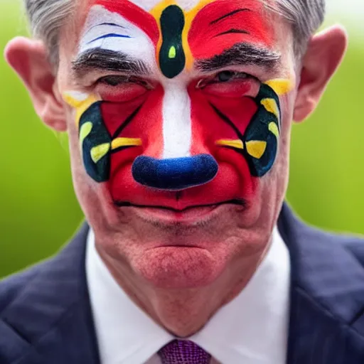 Image similar to Jerome Powell with colorful clown makeup all over his face whiteface, derp eyes