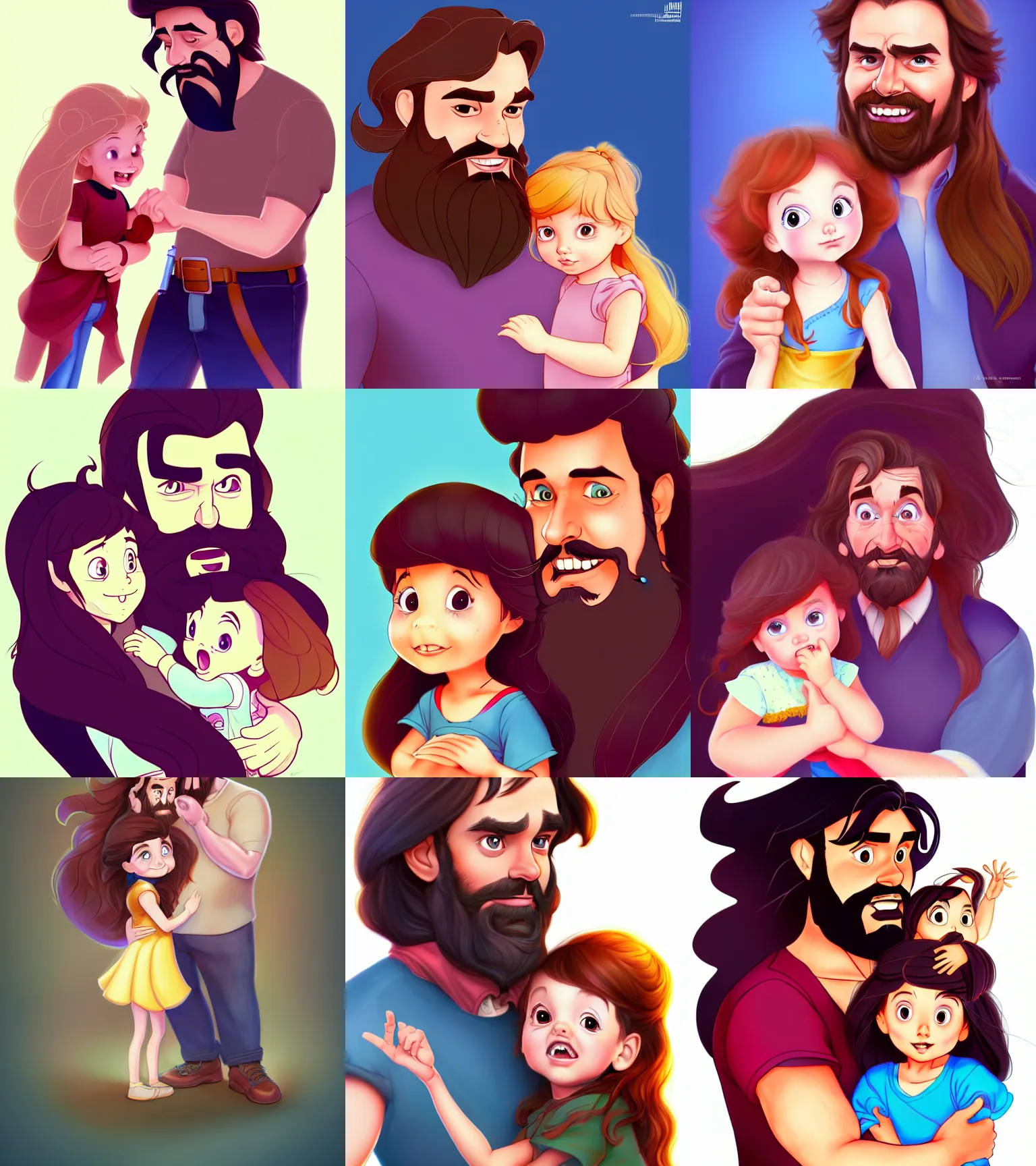 Image similar to a long - haired bearded father and his child toddler girl full color digital illustration in the style of don bluth, artgerm, artstation trending, 4 k