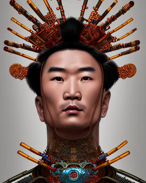 Image similar to portrait of a chinese masculine male cyberpunk machine, machine face, upper half portrait, decorated with chinese opera motifs, muscular, asian, fine china, wuxia, traditional chinese art intricate intense elegant 京 剧 highly detailed symmetry headpiece digital painting artstation concept art smooth sharp focus illustration, art by artgerm and greg rutkowski alphonse mucha 8 k