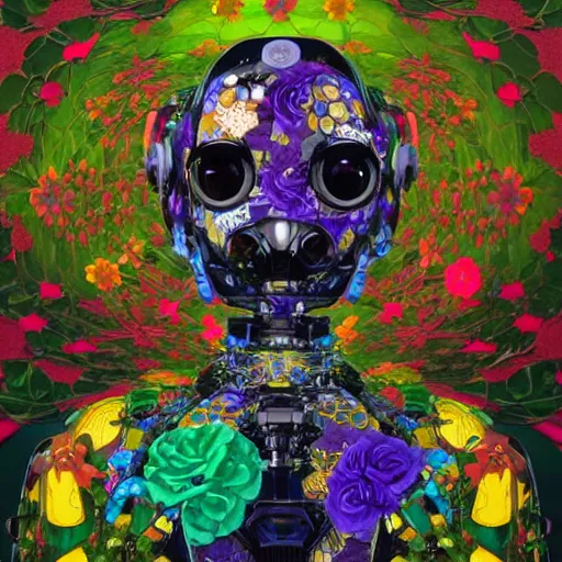 Image similar to colourful vfx art - portrait of army mecha robot wrapped in flowers & vines, art by utagawa kunisada & tadanori yokoo, volumetric light, ray tracing, sharp, detailed, digital painting, illustration, highly detailed, intricate detail, unreal engine, octane render, pinterest, behance, art station,