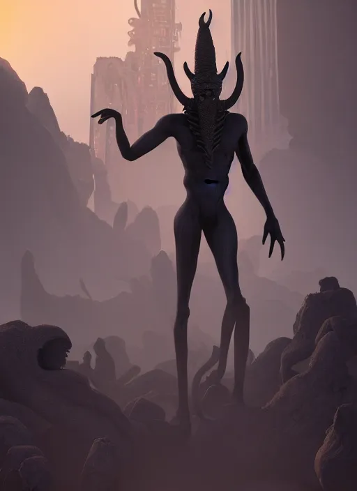 Image similar to nyarlothotep the black pharoh. tall, striking figure. standing in a desert of skulls. digital matte painting. rim light, beautiful lighting, 8 k, stunning scene, raytracing, octane, trending on artstation, lush colors.