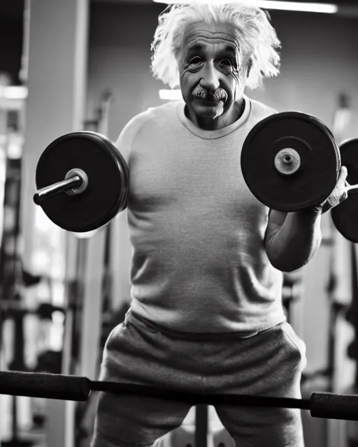 Image similar to a portrait of albert einstein working out at the gym looking buffed up, highly detailed, trending on artstation, bokeh, 9 0 mm, f / 1. 4