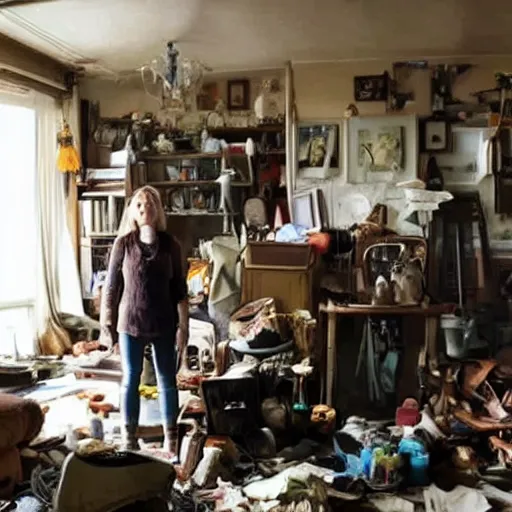 Prompt: woman with adhd - ip stands in her messy house. folk horror