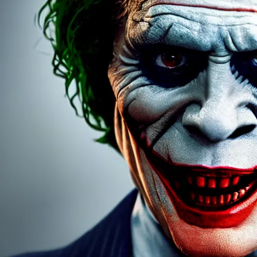 Image similar to willem dafoe as the joker, movie poster, superrealism, quality, post - production, image depth, focus, fine details, skin pores, makeup, 8 k