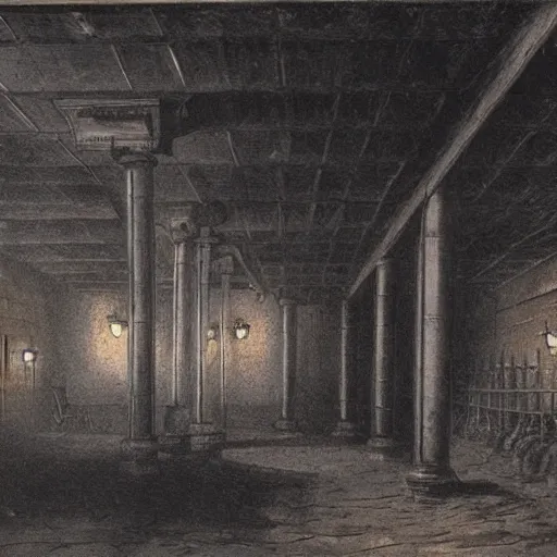 Image similar to a late 19th century London at night themed basement