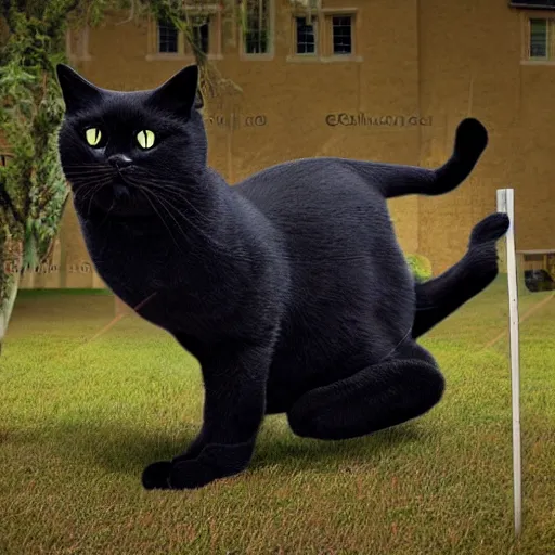 Image similar to highly detailed and photorealistic anthropomorphic chubby black cat dancing around a long and thin scratchpost