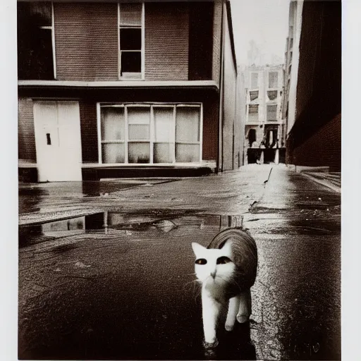 Image similar to wide-shot eyesight first-person!!! reflection!!! of a cat drinking water from the puddle at the street, polaroid photo, by Andy Warhol, signed