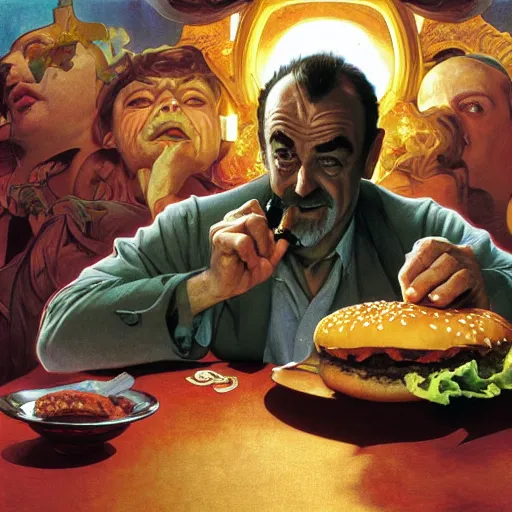 Prompt: Sean Connery as James Bond eating giant hamburgers, sexy sesame seed buns, extra bacon lettuce and tomato, french fries levitate in the background and cast holy light, drawn by Donato Giancola and Jon Foster, frank frazetta, alphonse mucha, background by James Jean and gustav klimt, 4k, volumetric lighting, trending on artstation, hyperrealistic