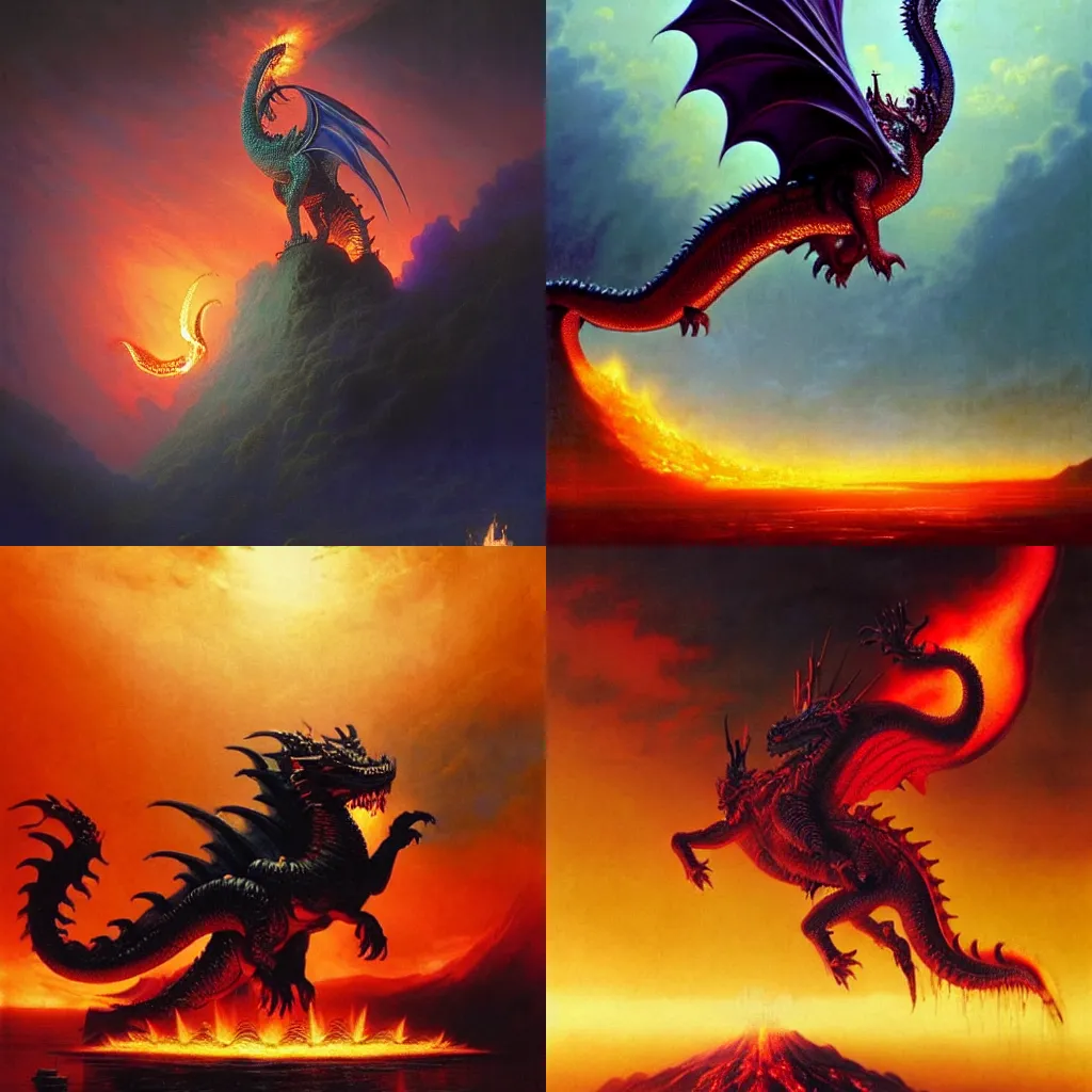 Prompt: An epic majestic gothic dragon bellowing fire in a scene from Ramayan, by Wayne Barlowe, by Ivan Aivazovsky, by Bruce Pennington, by Paul Lehr, masterpiece, oil on canvas, trending on artstation, top on pixiv, cinematic composition, dramatic scene, beautiful aesthetic lighting, artgem, concept art, sharp, high details, hyper-detailed, astrophotography, no frames, 8K