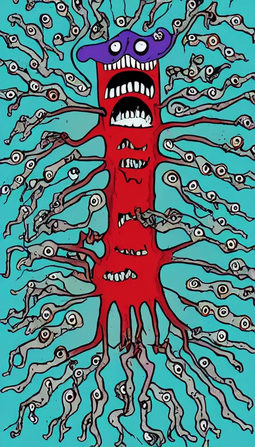 Prompt: a storm vortex made of many demonic eyes and teeth, by allie brosh