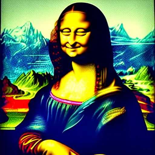 Image similar to a lisa frank painting of ( ( ( mona lisa ) ) )