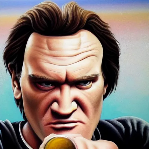 Prompt: the hyper - realistic painting of quentin tarantino regardant son prochain film au cinema