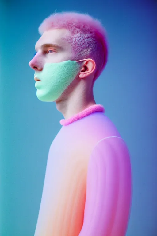 Prompt: high quality pastel coloured film mid angle portrait photograph of a beautiful young 2 0 year old male, soft features, short hair, perspex mask and oversized inflated clothing!!!! icelandic black! rock pool environment. atmospheric three point light. photographic. art directed. ( pastel colours ). volumetric. clearcoat. waves. 8 k. filmic.
