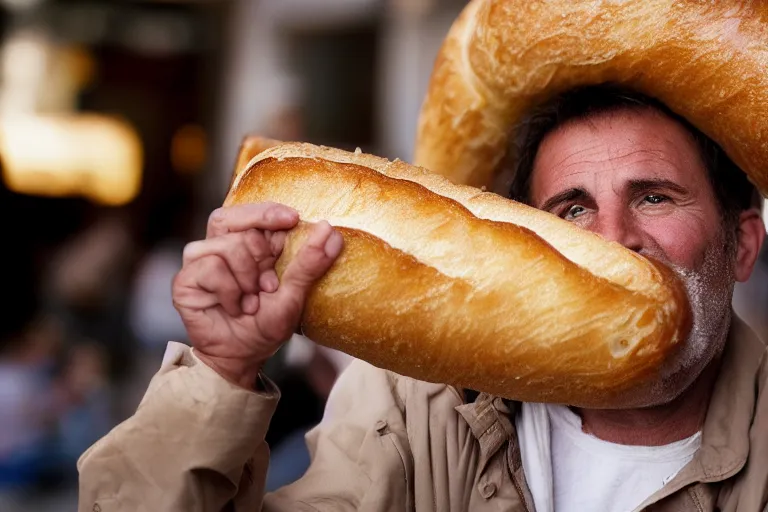 Image similar to closeup portait of a man being eaten by a giant baguette, natural light, sharp, detailed face, magazine, press, photo, Steve McCurry, David Lazar, Canon, Nikon, focus