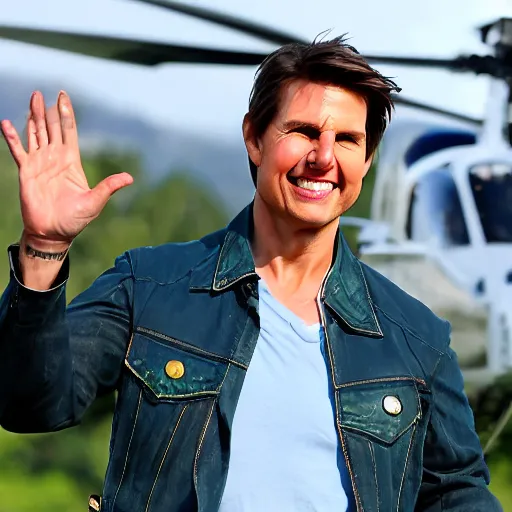 Image similar to Tom Cruise waving to fans. He's wearing bluejeans and a green jacket, Ralph Lauren. A helicopter is in the background. Shallow depth of field