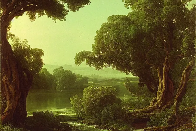 Image similar to painting of a old tree next to a meandering river by alexei savrasov and thomas cole