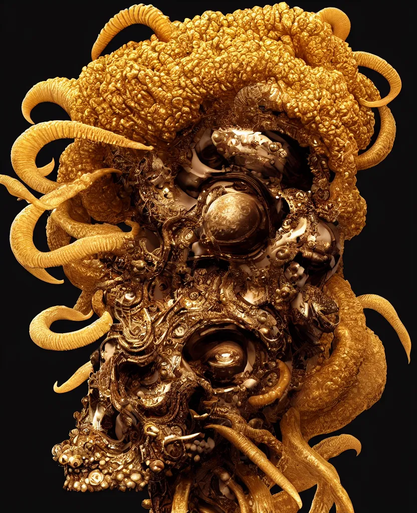 Image similar to black background. goddess princess face close-up portrait ram skull. sculpture made of gold and brilliants. jellyfish phoenix head, nautilus, orchid, skull, betta fish, bioluminiscent creatures, intricate artwork by Tooth Wu and wlop and beeple. octane render, trending on artstation, greg rutkowski very coherent symmetrical artwork. cinematic, hyper realism, high detail, octane render, 8k