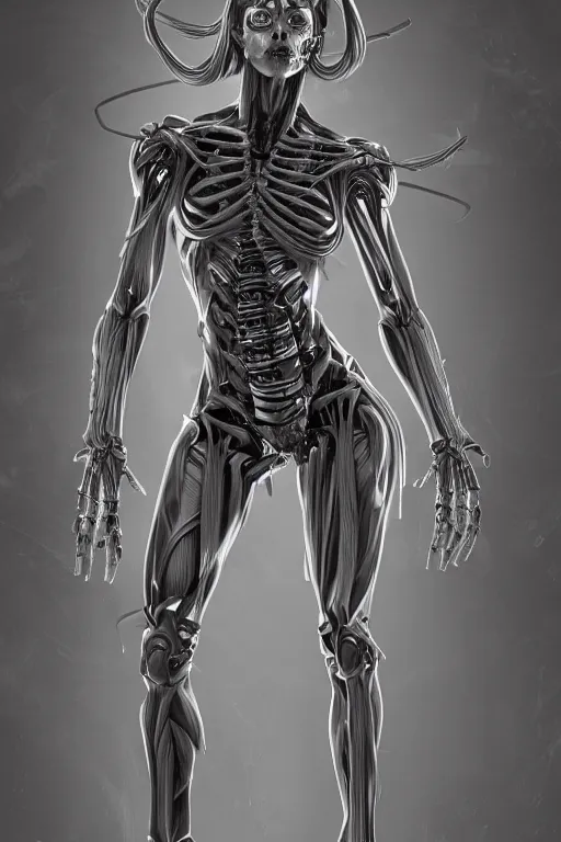 Image similar to symmetry!! full body female medusa anatomy concept, medical anatomy, cybernetic implants, gun metal grey, mecha limbs, muscular system reference, chrome skeleton, anatomical art, digital art, in the style of amanda lilleston, luka mivsek, bryan christie, ranjit ghosh, artstation, pinterest, deviantart, photoshop, octane render, unreal engine