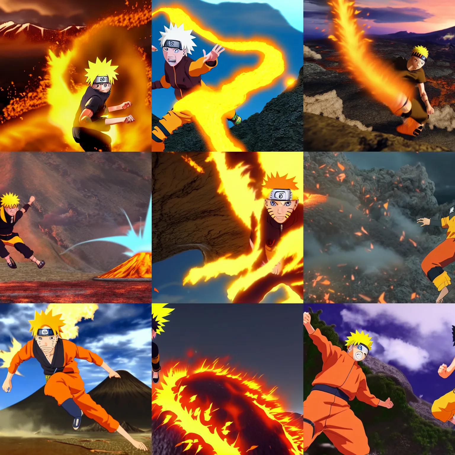 Prompt: naruto uzumaki jumping over a volcano, 4 k, 8 k, cinematic lighting, wide shot