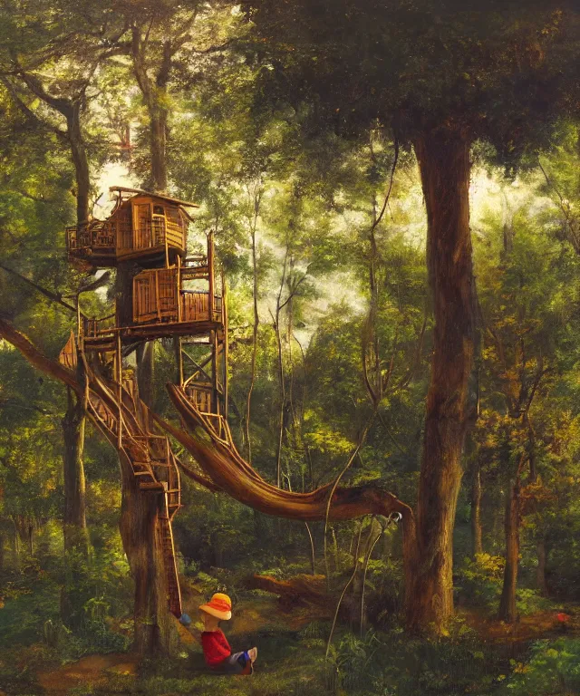 Image similar to masterful oil on canvas painting, eye - level view, shot from 5 0 feet distance, of a kid playing in a treehouse. in the background is a whimsical forest. golden hour, detailed, depth, volume, chiaroscuro, quiet intensity, vivid color palette.