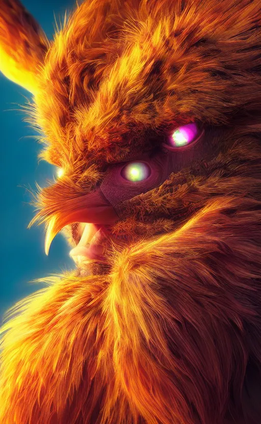 Image similar to phoenix portrait, electric, furry, soft, concept art, sharp focus, intricate details, highly detailed, photorealistic, disney pixar, octane render, iridescent, anime, 8 k