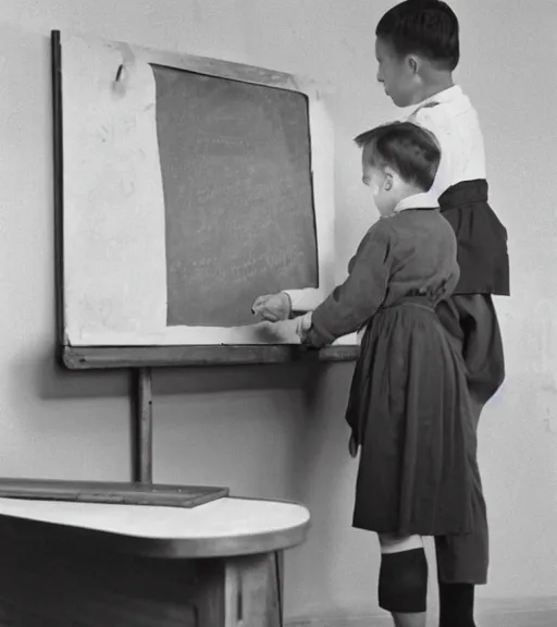 Prompt: photograph of a child at the blackboard , the teacher looks at him , 1950s , photograph by Erwin Olaf,-W 1024