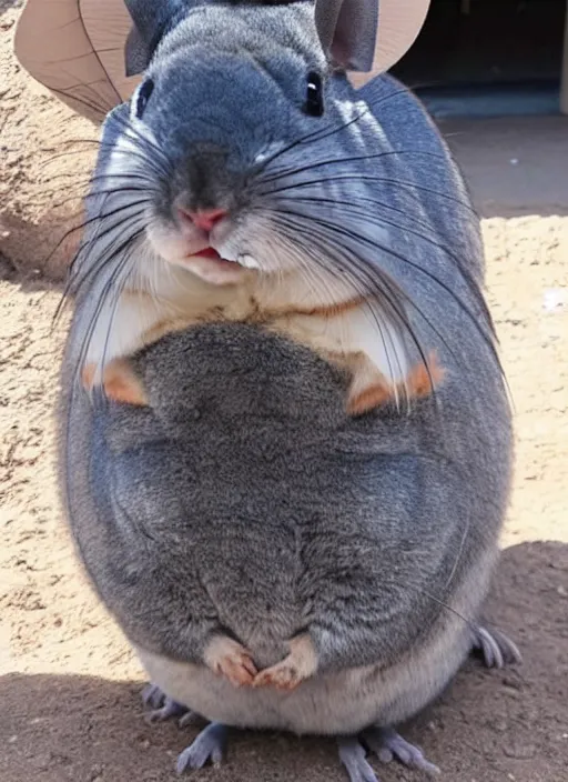 Prompt: chinchilla with strong, muscular body. big and fluffy rodent man. desert survivor.