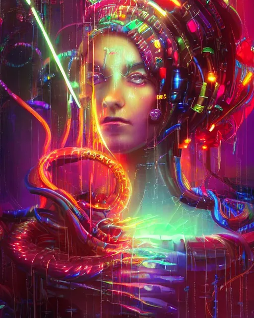 Image similar to a cyberpunk close up portrait of enchanting cyborg medusa, electricity, rainbow, snakes in hair, sparks, bokeh, soft focus, sparkling, glisten, water drops, cold, dark, geometric, temples behind her, by paul lehr, jesper ejsing