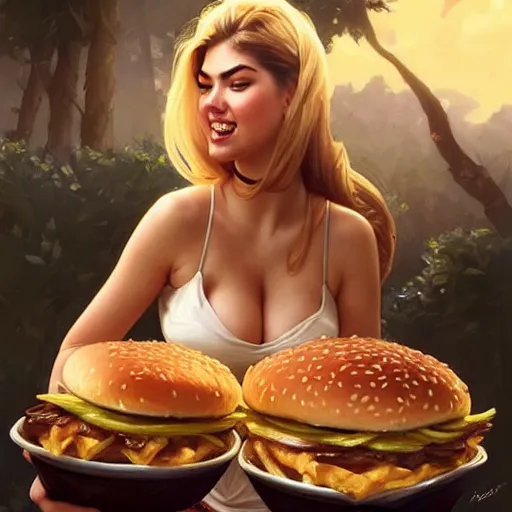 Image similar to Kate Upton devouring big macs, serving fries, eating burgers, dripping BBQ Sauce, D&D, fantasy, intricate, elegant, highly detailed, digital painting, artstation, concept art, matte, sharp focus, illustration, hearthstone, art by Artgerm and Greg Rutkowski and Alphonse Mucha