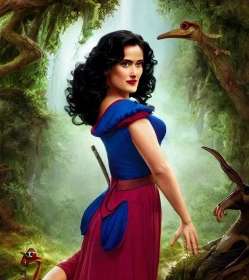 Image similar to film still of Salma Hayek as snow white in a forest by a pond with frogs, by artgerm, makoto sinkai, magali villeneuve, Gil Elvgren, Earl Moran,Enoch Bolles, symmetrical,