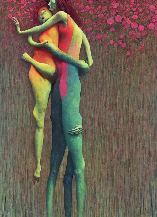 Image similar to women made of twigs and colorful flowers hugging Edward Hopper and James Gilleard, Zdzislaw Beksinski, highly detailed