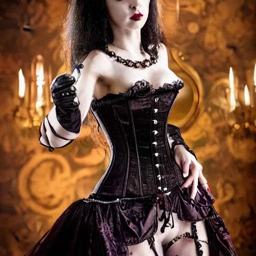 Prompt: beautiful vampire queen with ornate corset, highly detailed, 4k, HDR, smooth, sharp focus, hyper realistic, high resolution, award-winning photo
