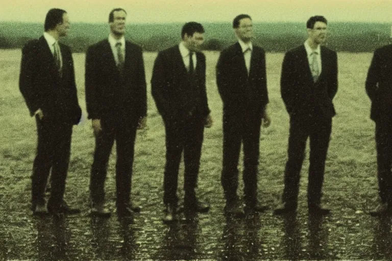 Image similar to 8 mm film still, blurry, grainy, liminal, unsettling, group of tall men in suits in a field at night, rain, flash on, dark midnight