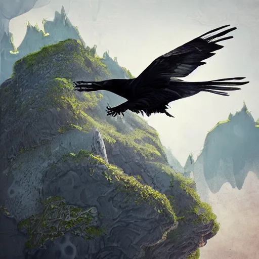 Image similar to a crow flying towards an island, texture, intricate, details, highly detailed, masterpiece, architecture, building, trending on artstation, focus, sharp focus, concept art, digital painting, fantasy, sunny, day, midday