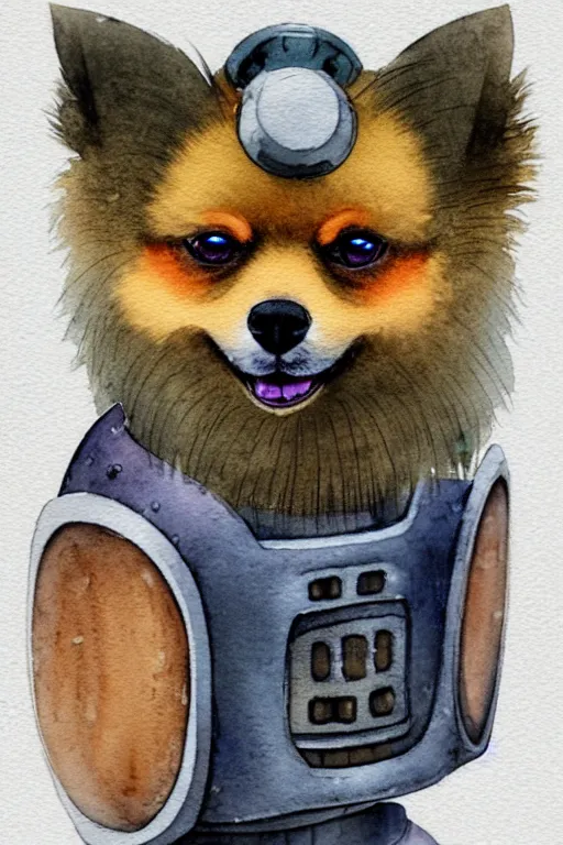 Image similar to a simple and atmospheric watercolour fantasy character concept art portrait of a robotic pomeranian as a druidic warrior wizard looking at the camera with an intelligent gaze, very muted colors, by studio ghibli