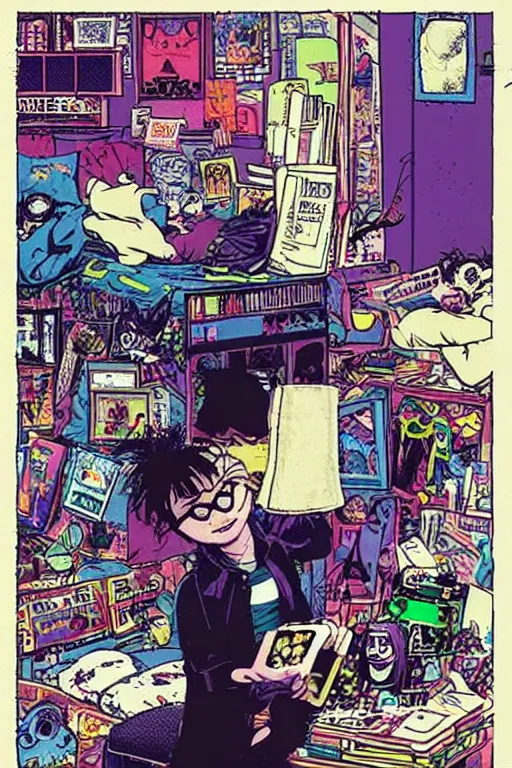 Image similar to nerdy goth guy reading book in cluttered messy 9 0 s bedroom, by jamie hewlett, vaporwave, 9 0 s aesthetic, 9 0 s vibe,